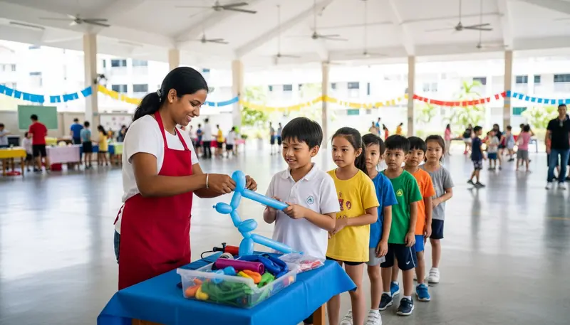 Balloon artist at a school carnival in a covered school hall in Singapore with children queuing for balloons