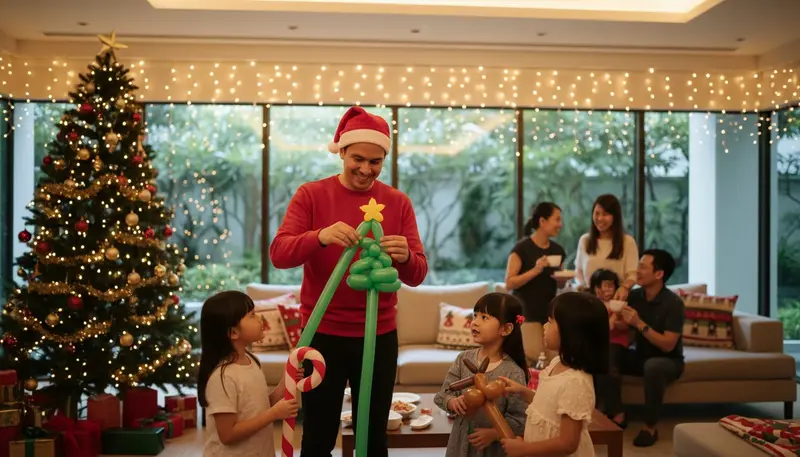 Balloon artist in a Santa hat twisting a green balloon Christmas tree for children at a festive party in Singapore