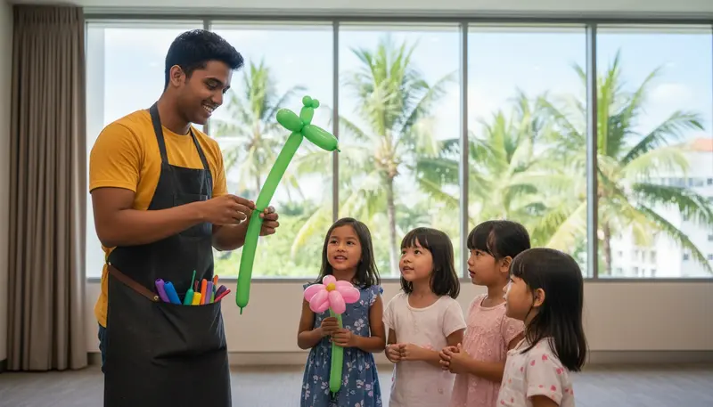 Balloon artist in Singapore twisting a long green balloon into a giraffe while children watch at a party