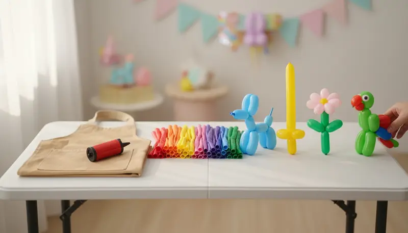 Balloon artist's kit on a party table with bundles of long modelling balloons, a hand pump and finished balloon animals