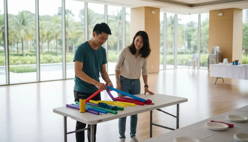 Balloon artist setting up a small table of balloons in a condo function room in Singapore before a party starts