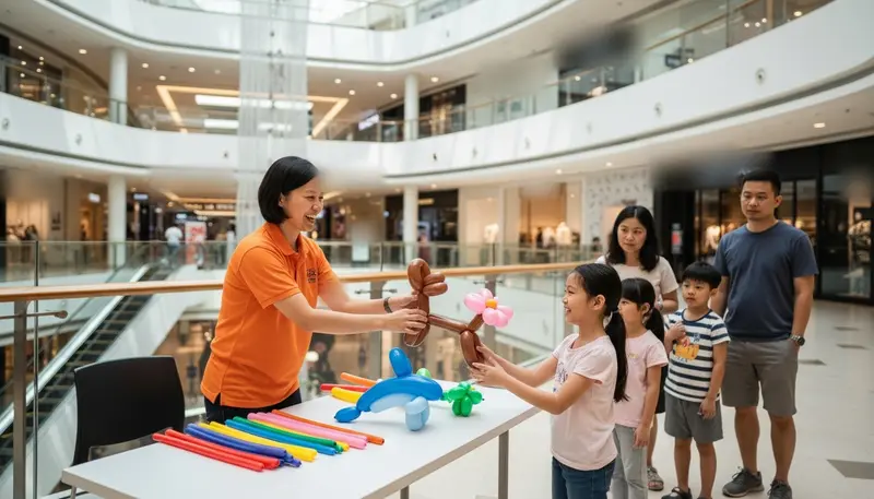 Balloon sculptor at a sculpting station in a Singapore mall handing a balloon monkey to a girl in the queue