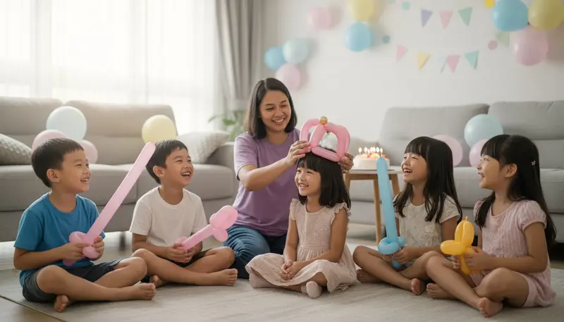 Birthday party in a Singapore home with a balloon artist handing a balloon crown to the birthday girl