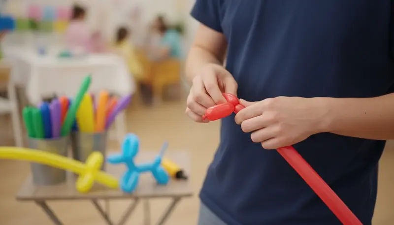 Close view of a balloon twister's hands twisting a red modelling balloon into a dog in Singapore