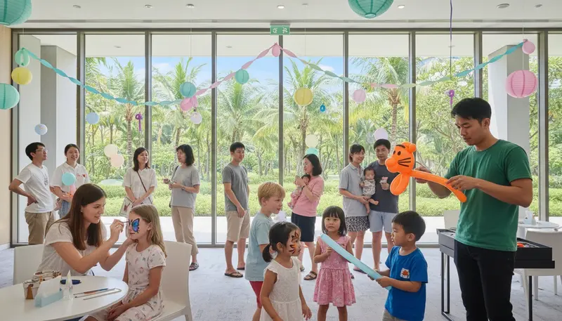 Kids party in Singapore with a balloon twisting corner and a face painting corner running side by side