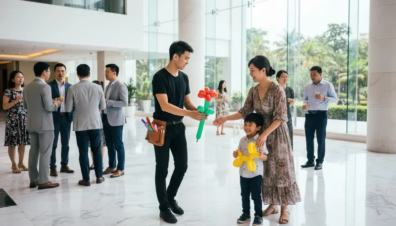 Roving balloon artist walking through an event crowd in Singapore handing a balloon flower to a guest